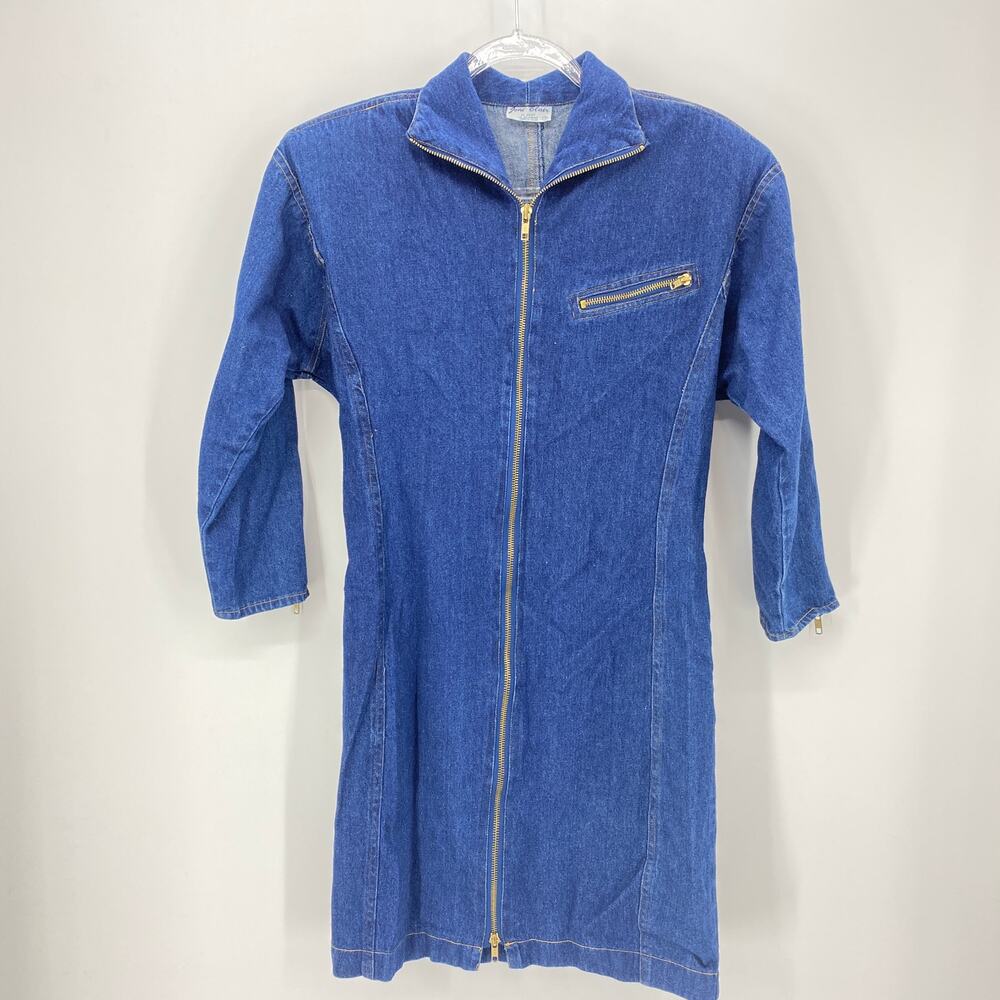 JONI BLAIR Retro Y2K Full-Zip 3/4 Sleeve Blue Denim Mini Dress Womens Size 7